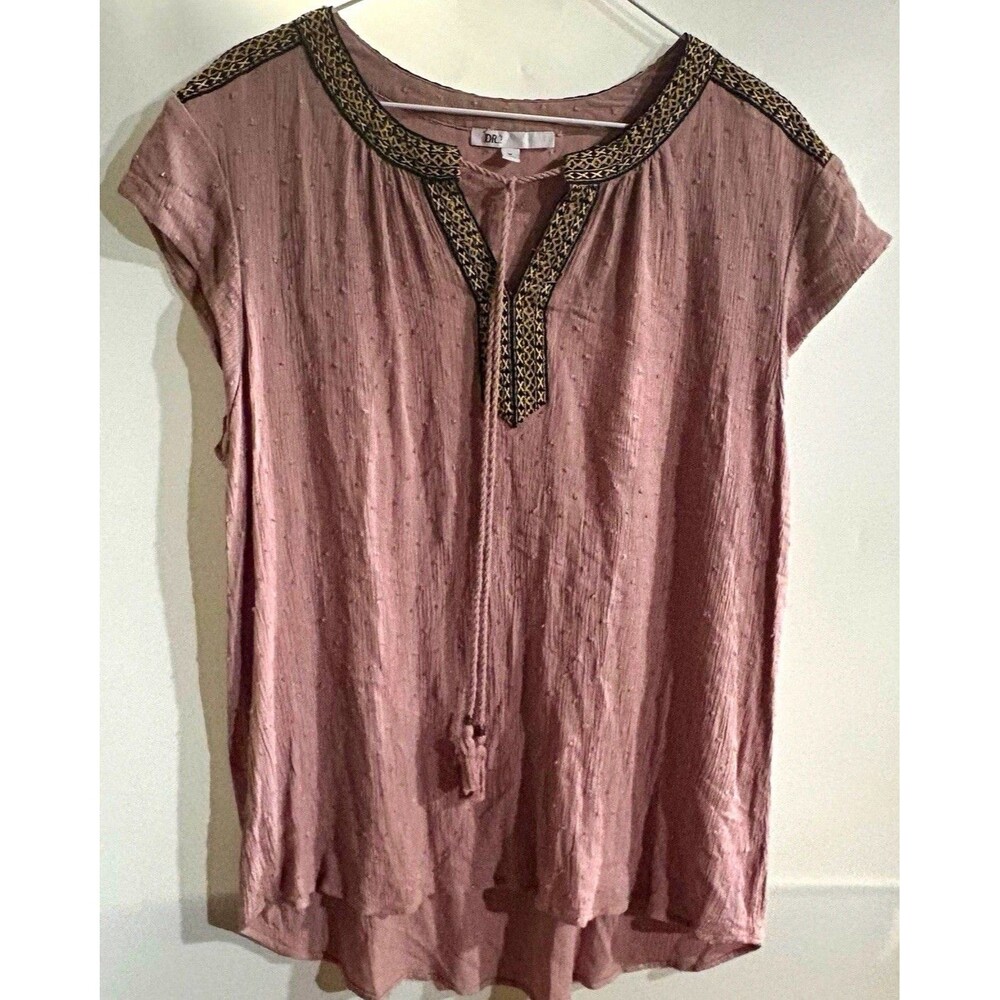 DR2 Women’s Tunic Blouse XL Pink Embroidered Tassel Split Neck Short Sleeve
